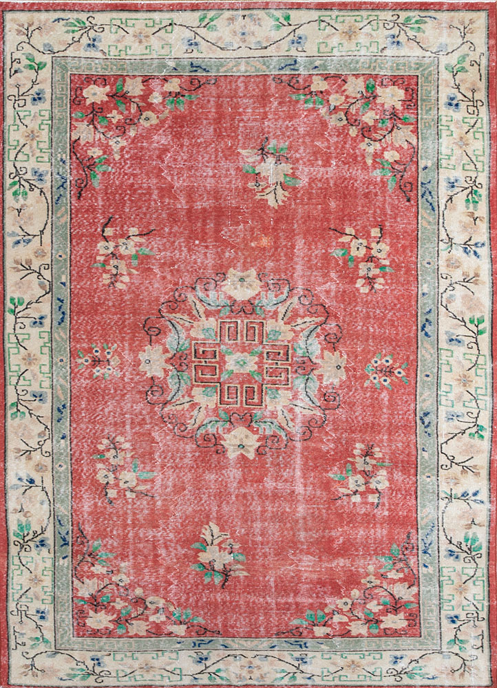vintage red and orange wool hand knotted Rug - HeadShot