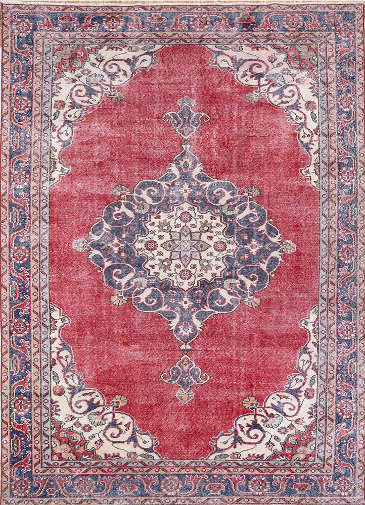 vintage red and orange wool hand knotted Rug - HeadShot