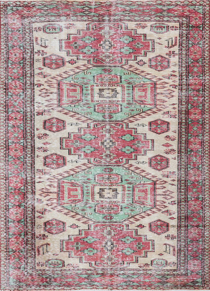 vintage red and orange wool hand knotted Rug - HeadShot