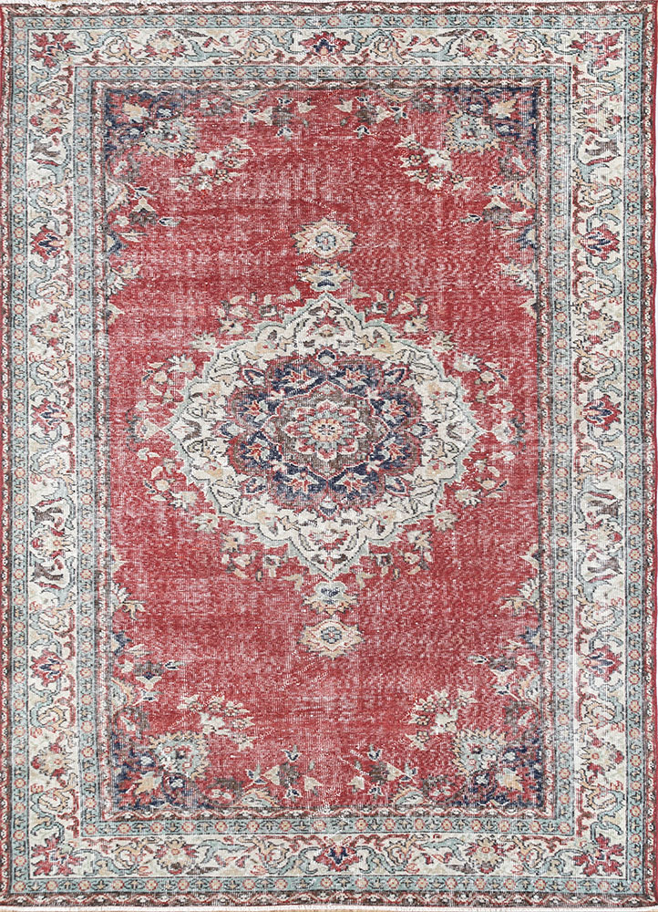 vintage red and orange wool hand knotted Rug - HeadShot