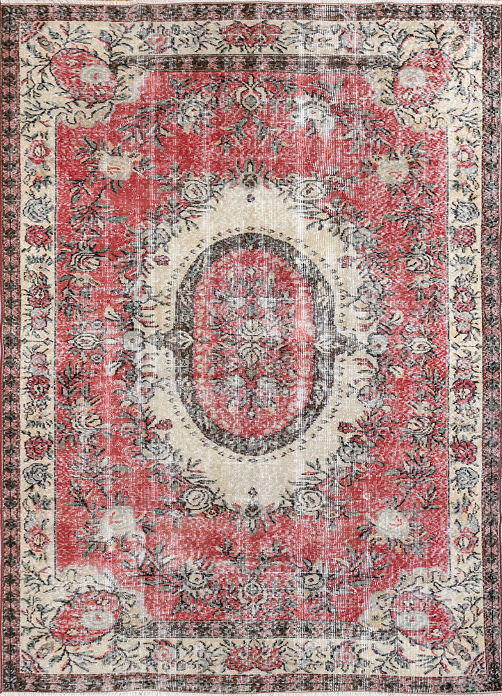 vintage red and orange wool hand knotted Rug - HeadShot