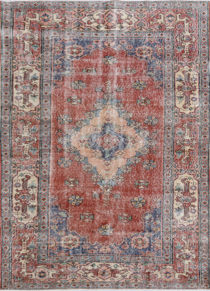 vintage red and orange wool hand knotted Rug - HeadShot