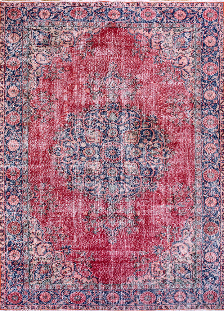 vintage red and orange wool hand knotted Rug - HeadShot