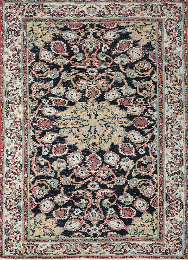 vintage grey and black wool hand knotted Rug - HeadShot