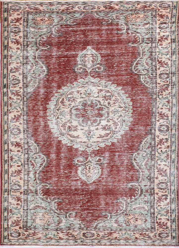 vintage red and orange wool hand knotted Rug - HeadShot