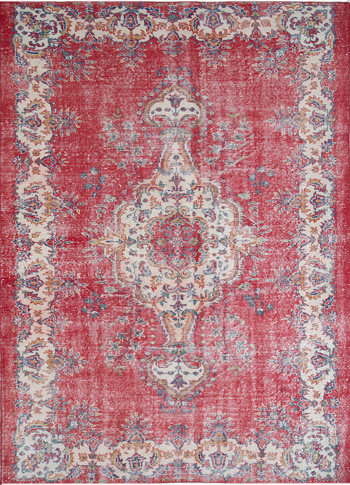 vintage red and orange wool hand knotted Rug - HeadShot