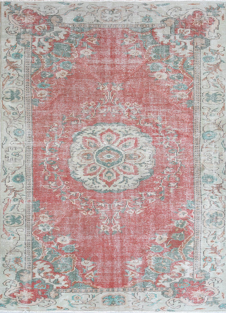 vintage red and orange wool hand knotted Rug - HeadShot