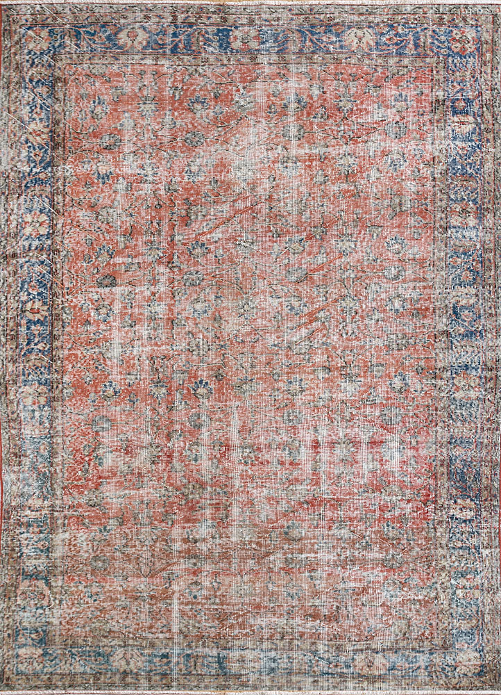 vintage red and orange wool hand knotted Rug - HeadShot