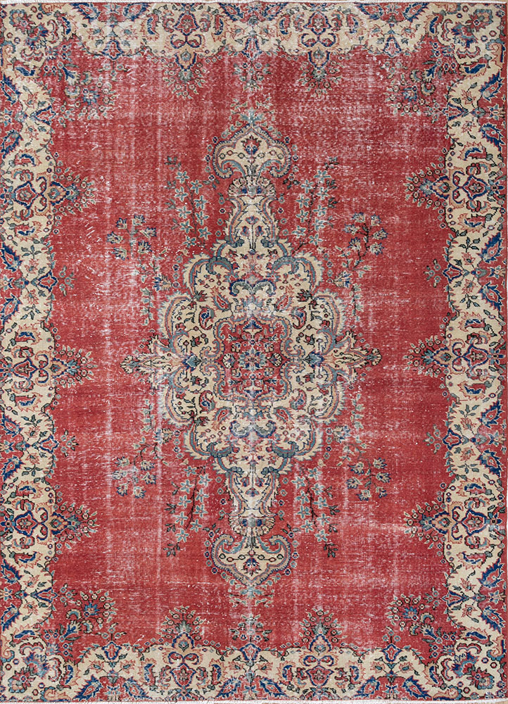 vintage red and orange wool hand knotted Rug - HeadShot