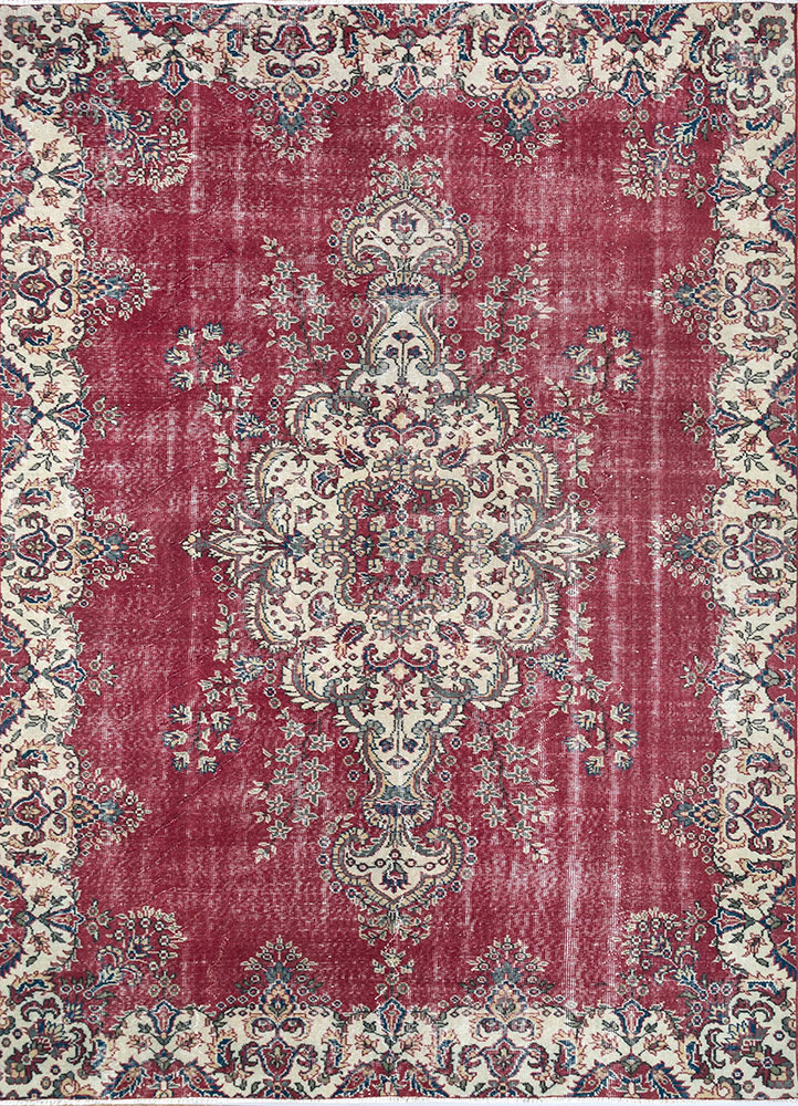 vintage red and orange wool hand knotted Rug - HeadShot