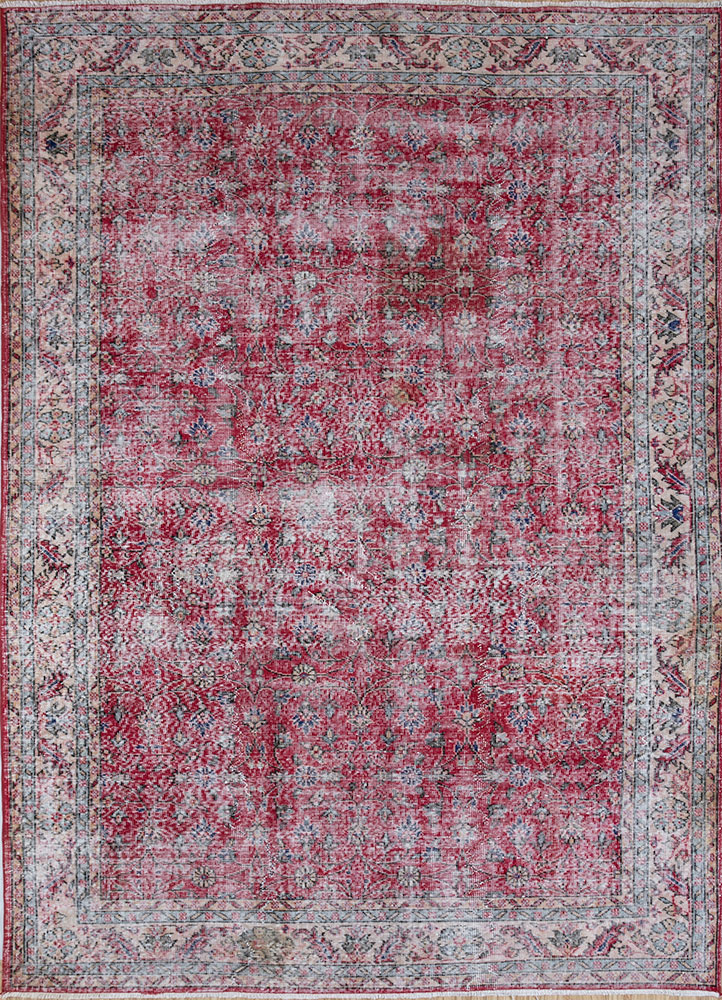 vintage red and orange wool hand knotted Rug - HeadShot