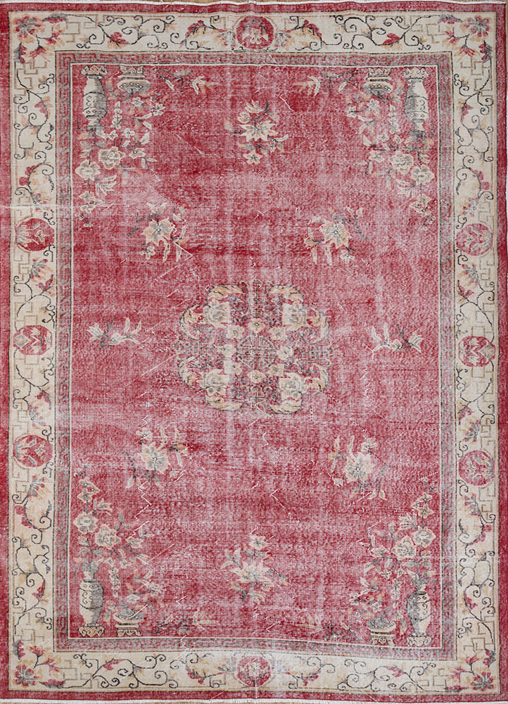 vintage red and orange wool hand knotted Rug - HeadShot