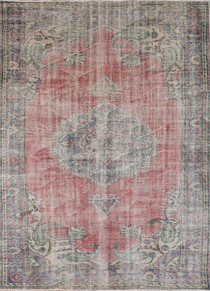 vintage red and orange wool hand knotted Rug - HeadShot