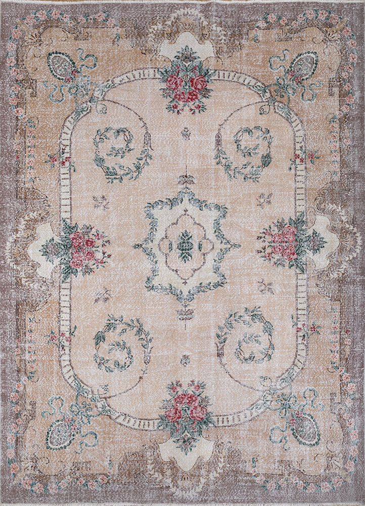 vintage beige and brown wool hand knotted Rug - HeadShot