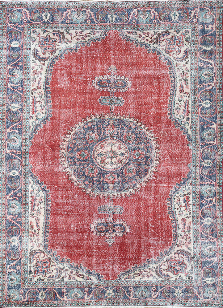vintage red and orange wool hand knotted Rug - HeadShot