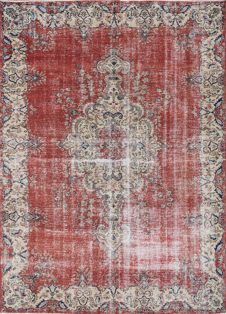 vintage red and orange wool hand knotted Rug - HeadShot