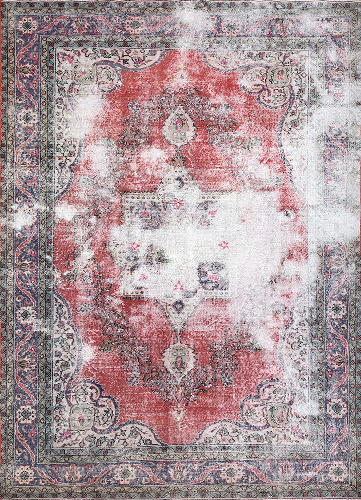 vintage red and orange wool hand knotted Rug - HeadShot