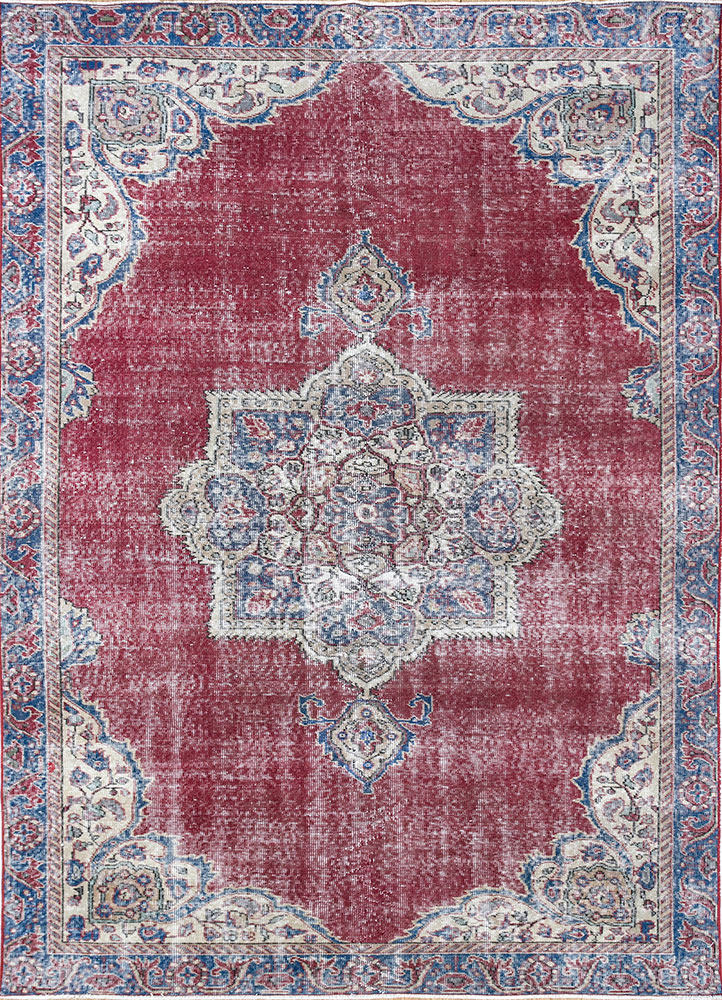 vintage red and orange wool hand knotted Rug - HeadShot