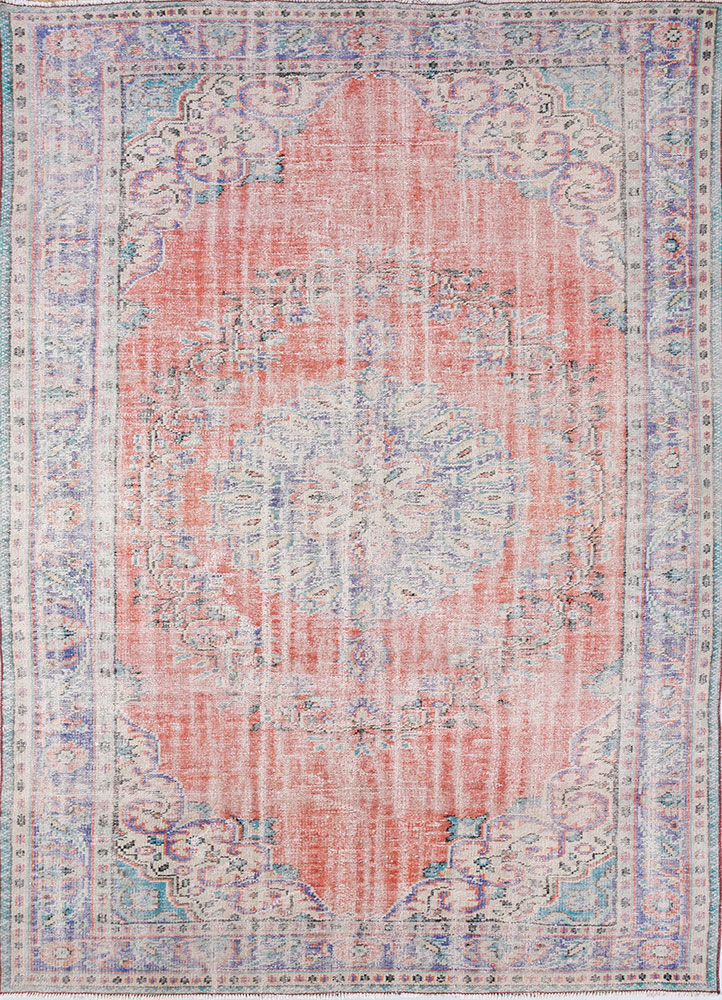 vintage red and orange wool hand knotted Rug - HeadShot
