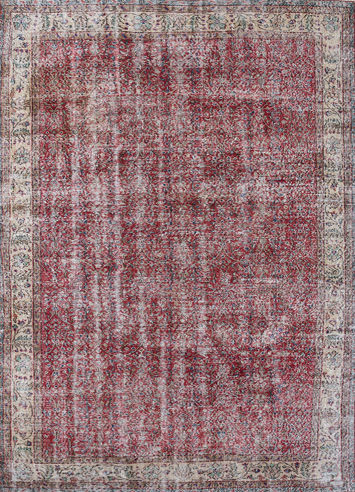 vintage red and orange wool hand knotted Rug - HeadShot