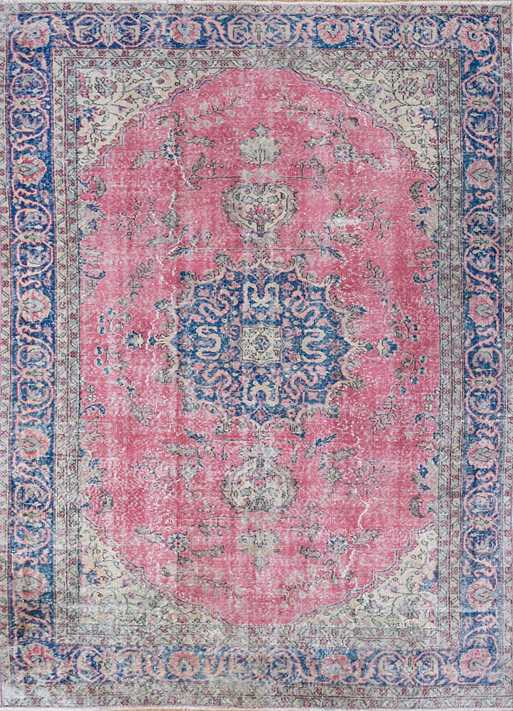 vintage pink and purple wool hand knotted Rug - HeadShot