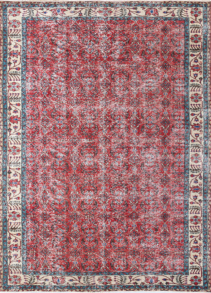 vintage red and orange wool hand knotted Rug - HeadShot