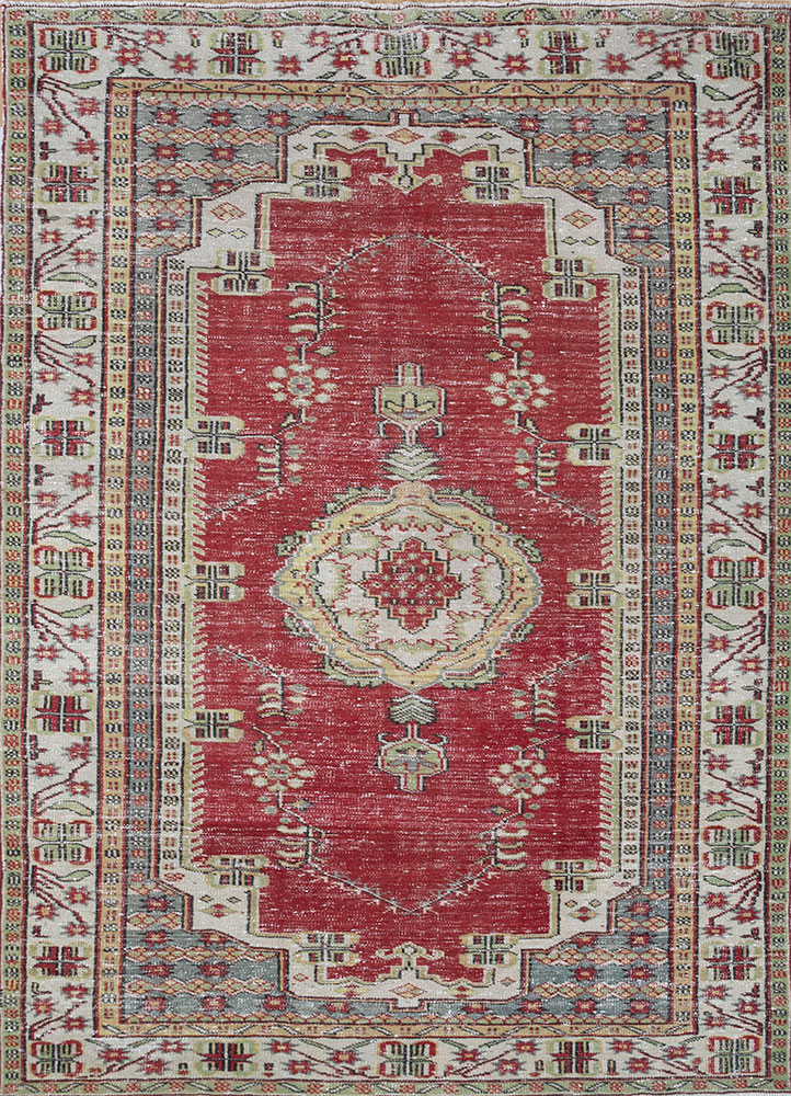 vintage red and orange wool hand knotted Rug - HeadShot
