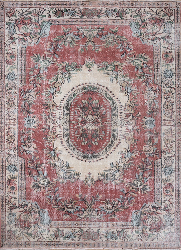 vintage red and orange wool hand knotted Rug - HeadShot