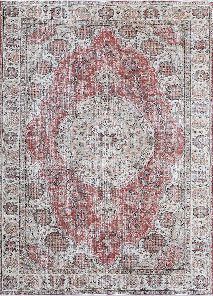 vintage red and orange wool hand knotted Rug - HeadShot