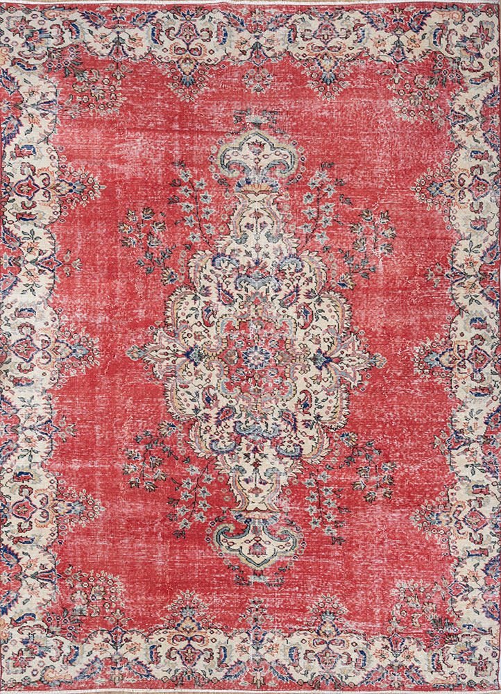 vintage red and orange wool hand knotted Rug - HeadShot
