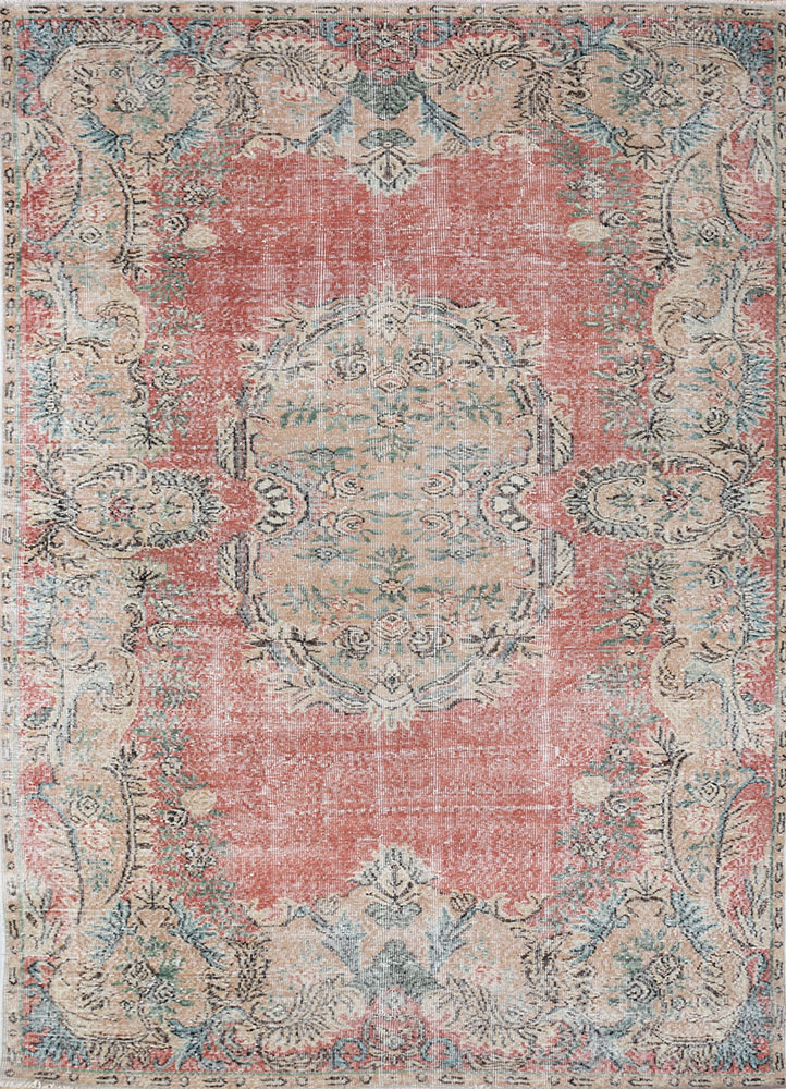 vintage red and orange wool hand knotted Rug - HeadShot