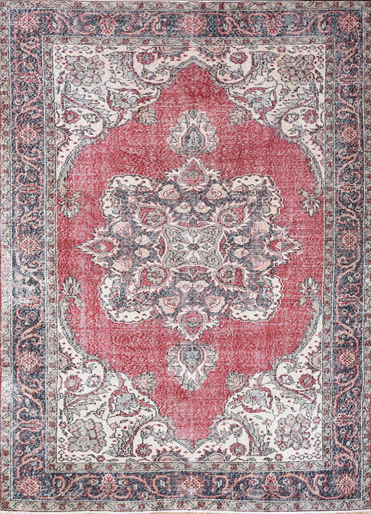 vintage red and orange wool hand knotted Rug - HeadShot