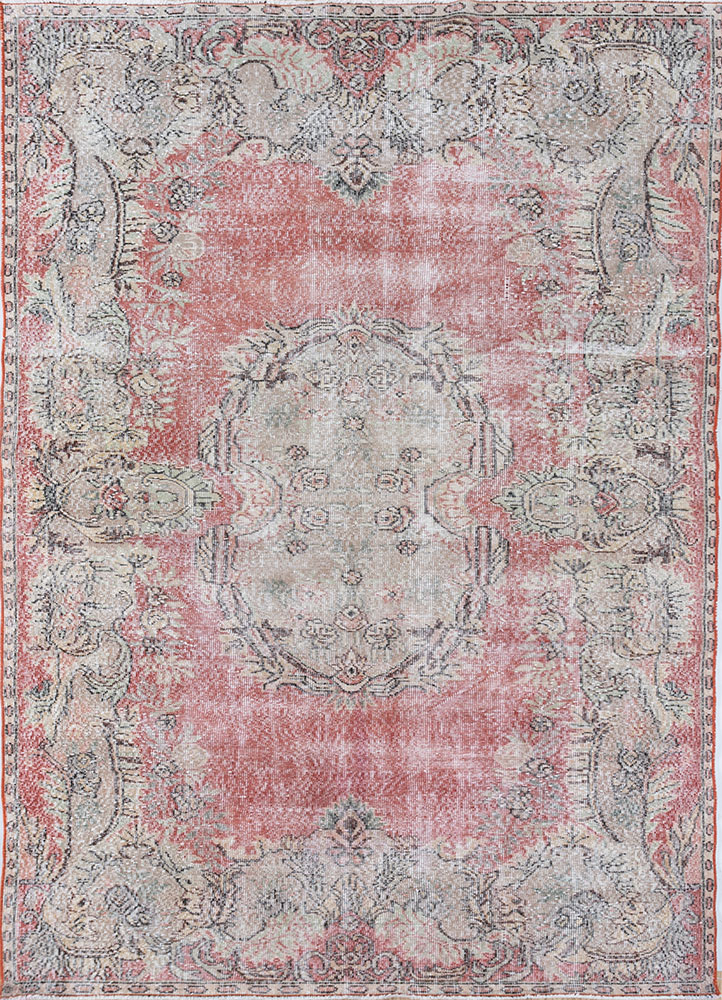 vintage red and orange wool hand knotted Rug - HeadShot