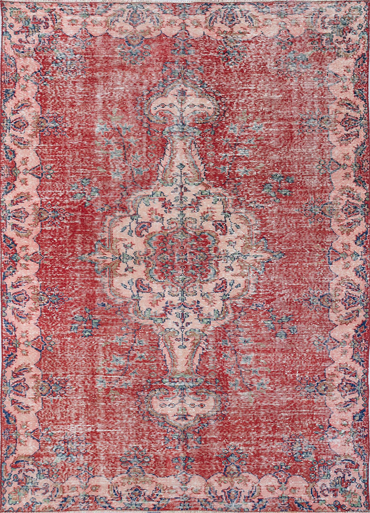 vintage red and orange wool hand knotted Rug - HeadShot