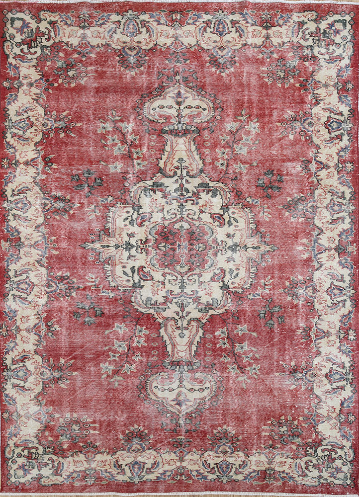 vintage red and orange wool hand knotted Rug - HeadShot