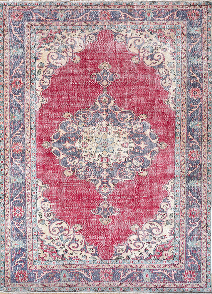 vintage red and orange wool hand knotted Rug - HeadShot