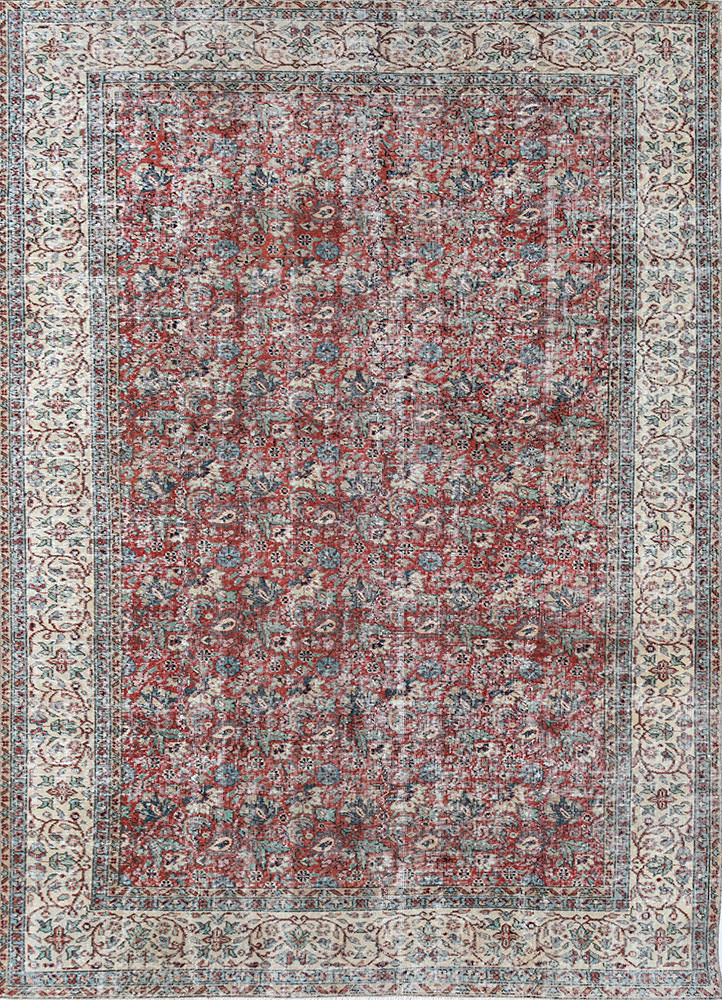 vintage red and orange wool hand knotted Rug - HeadShot