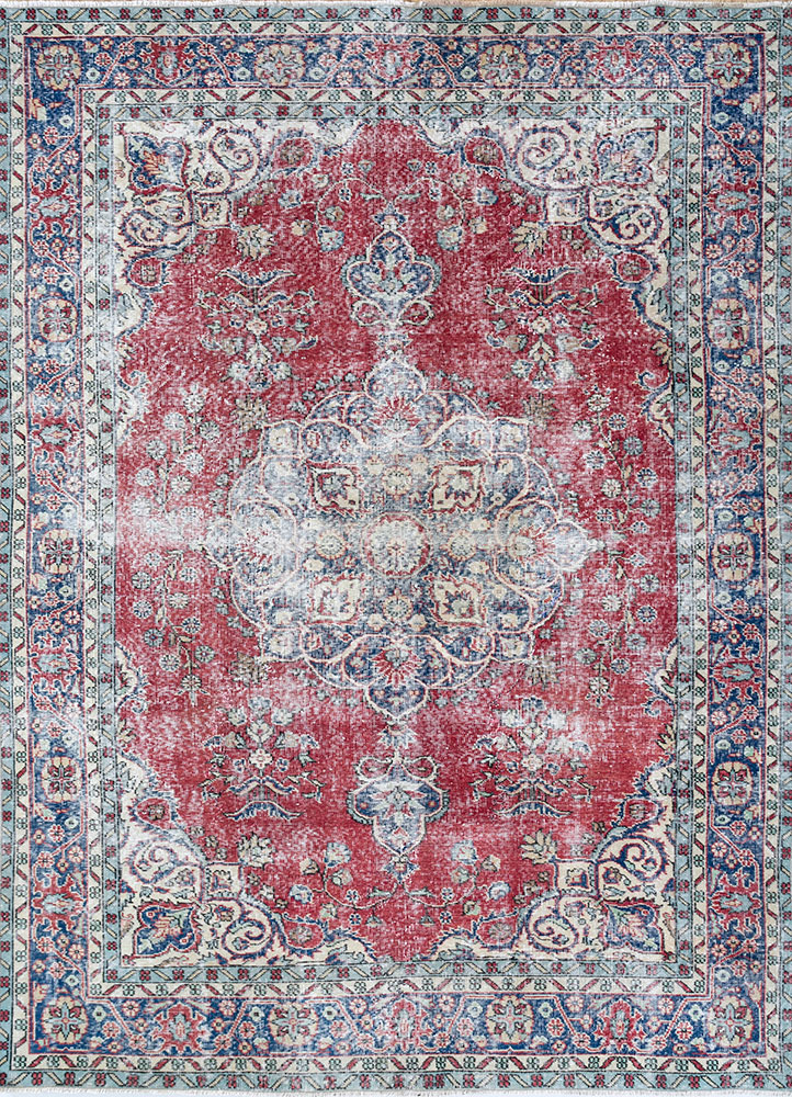 vintage red and orange wool hand knotted Rug - HeadShot