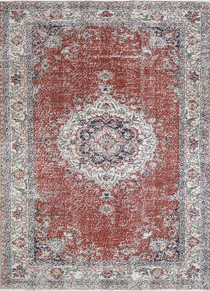 vintage red and orange wool hand knotted Rug - HeadShot