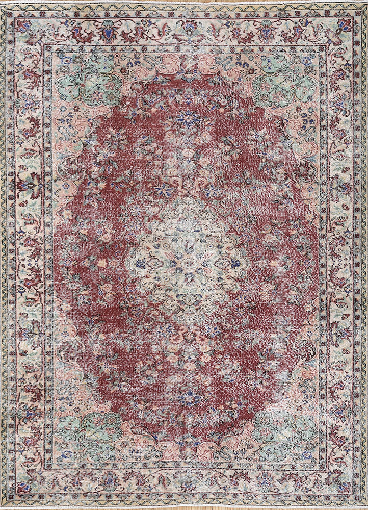vintage red and orange wool hand knotted Rug - HeadShot