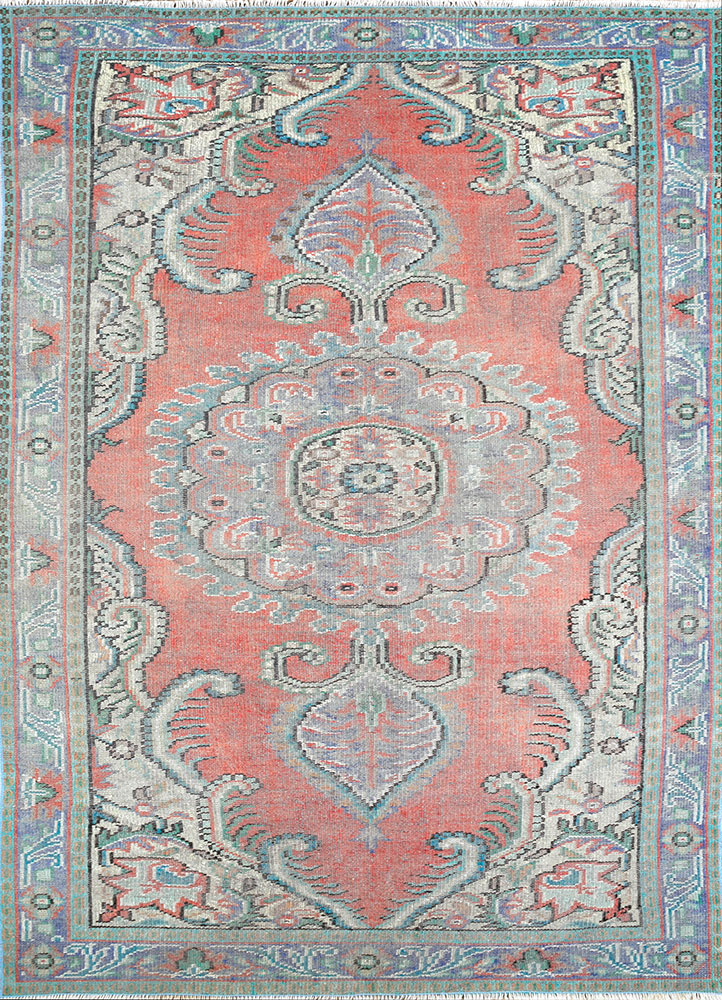 vintage red and orange wool hand knotted Rug - HeadShot