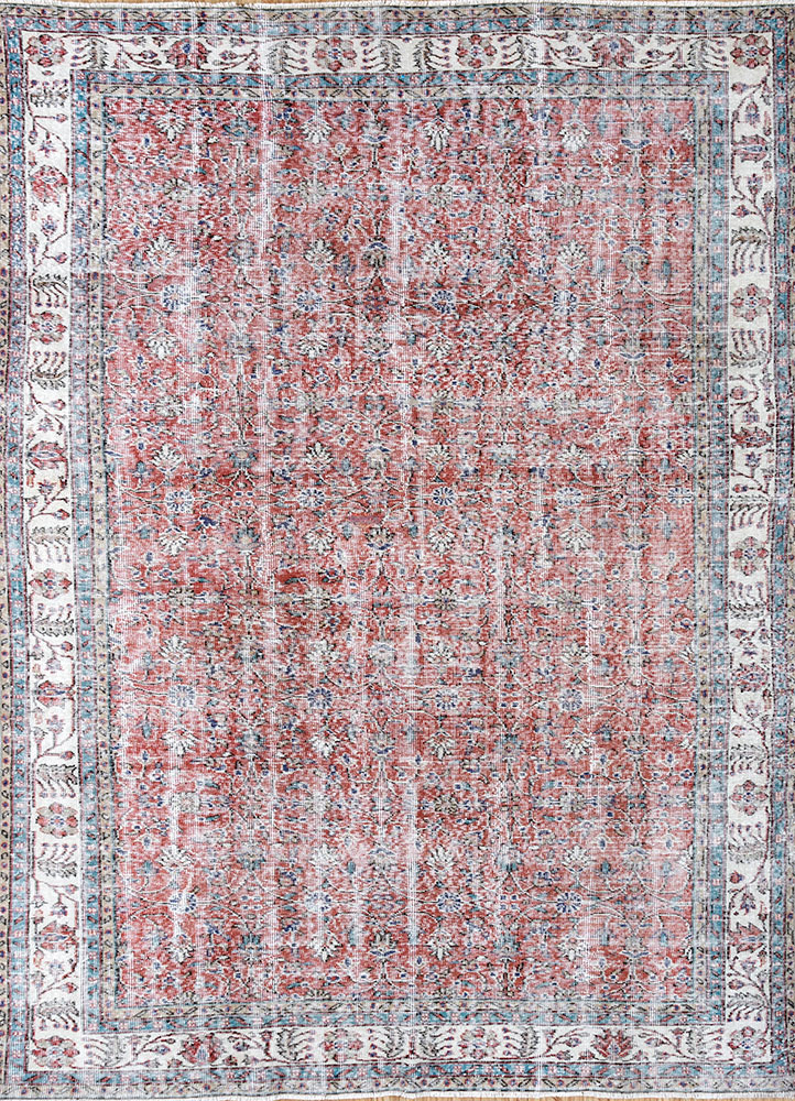 vintage red and orange wool hand knotted Rug - HeadShot
