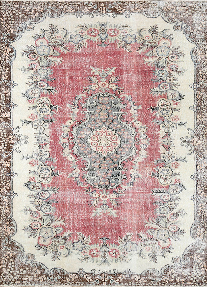 vintage red and orange wool hand knotted Rug - HeadShot