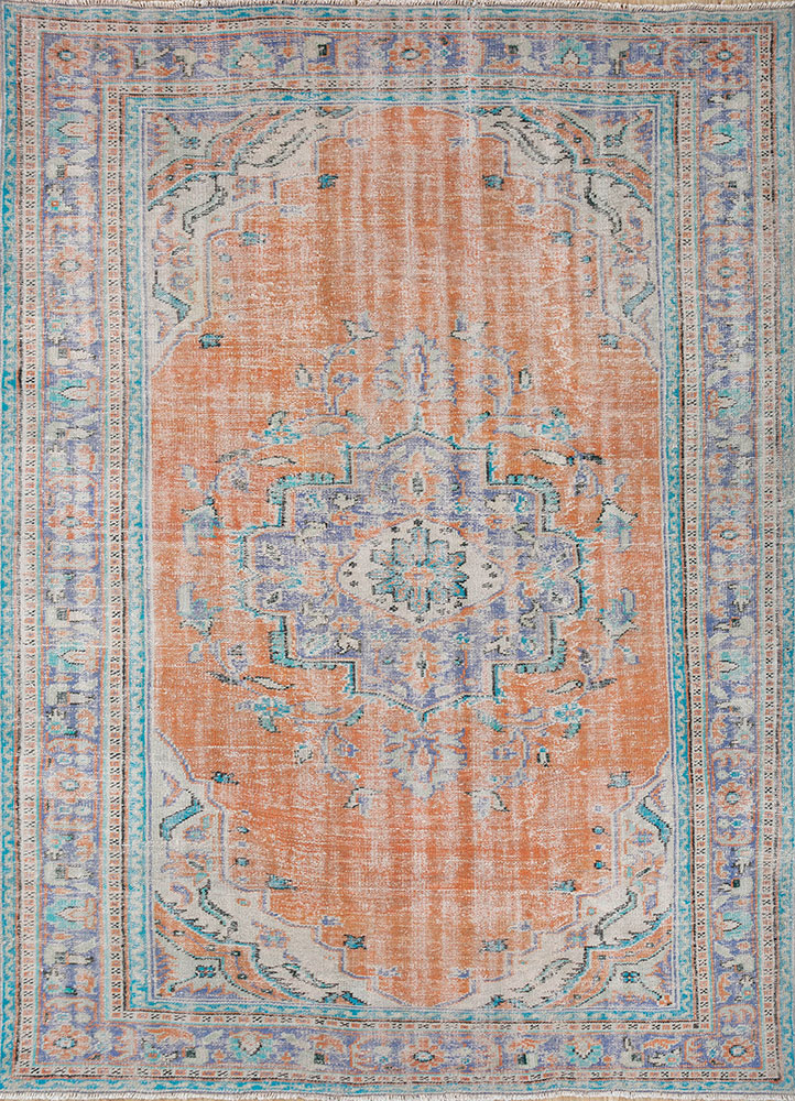 vintage red and orange wool hand knotted Rug - HeadShot