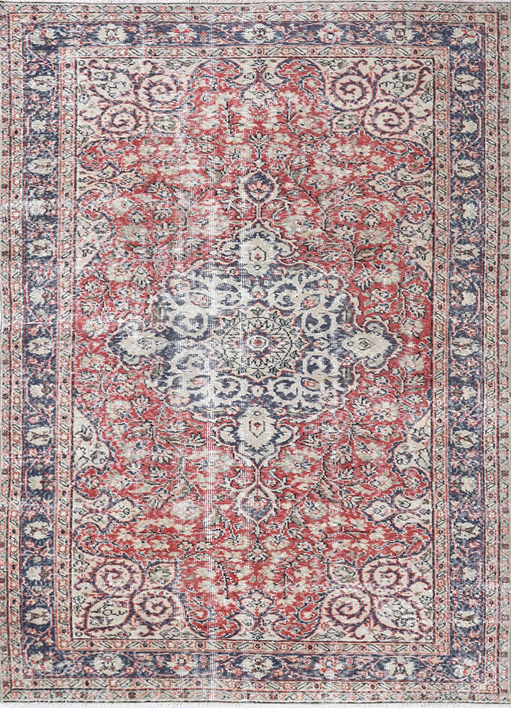vintage red and orange wool hand knotted Rug - HeadShot