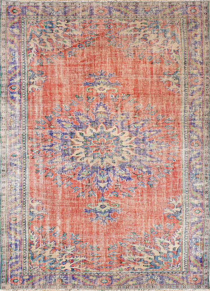 vintage red and orange wool hand knotted Rug - HeadShot