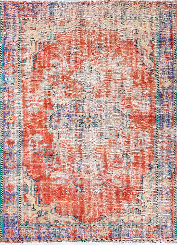 vintage red and orange wool hand knotted Rug - HeadShot