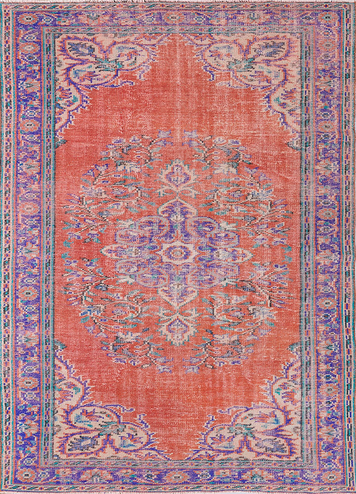 vintage red and orange wool hand knotted Rug - HeadShot