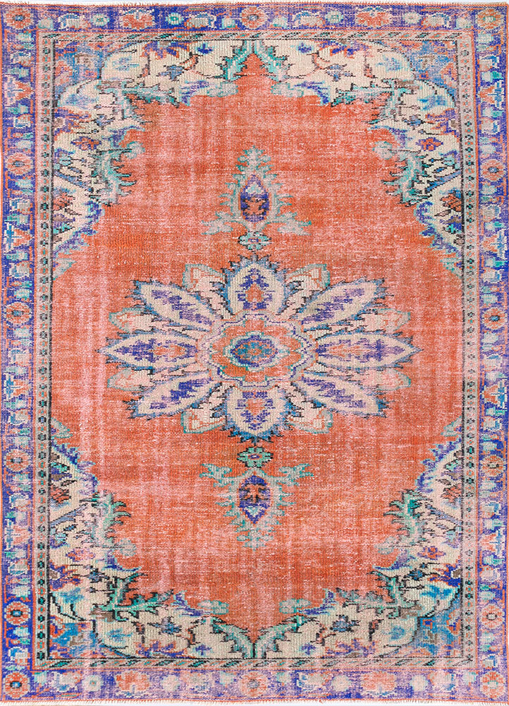 vintage red and orange wool hand knotted Rug - HeadShot