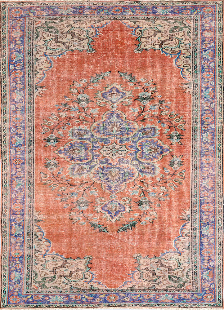 vintage red and orange wool hand knotted Rug - HeadShot